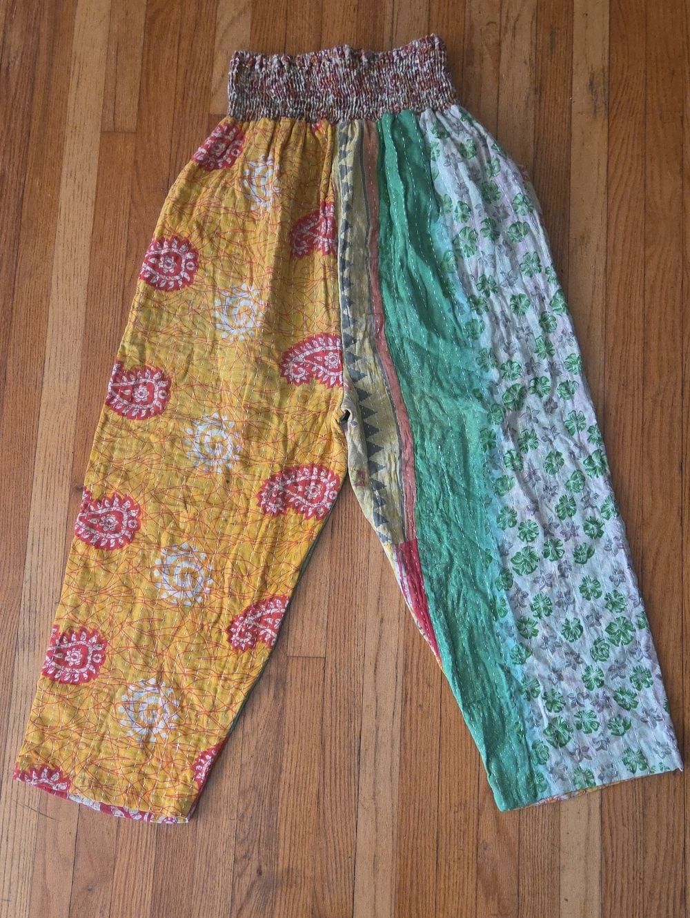 Kantha Patchwork Wide Leg Quilted Pants Smocked Maximalist Multicolor One Size